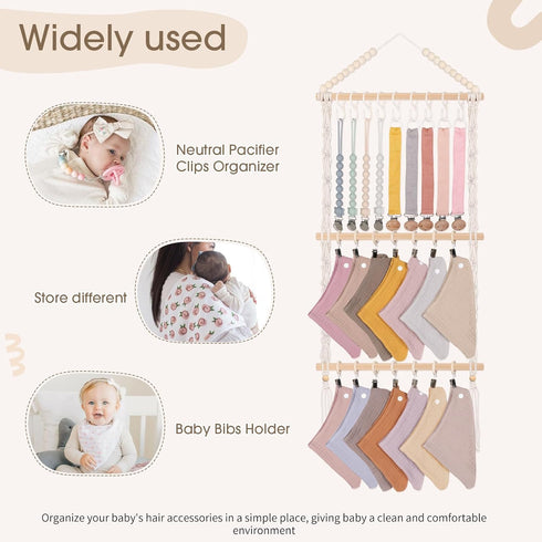 POVETIRE Pacifier Clip Holder Bibs Organizer, Neutral Bibs Holder Baby Bandana Drool Cloths Organizer Storage Hanging
