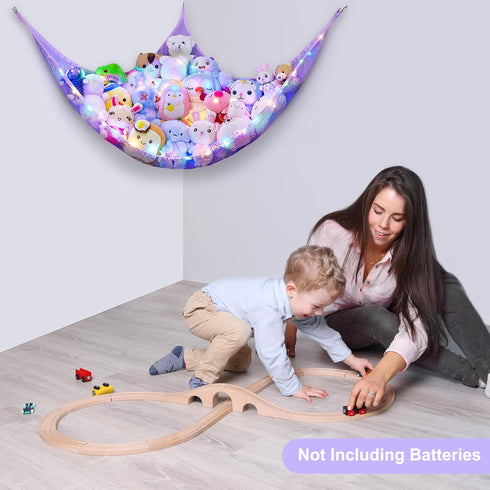 Stuffed Animals Net or Hammock, Kids Toy Storage Organizer with LED Light, Hanging Corner Holder for Girls Room Decor