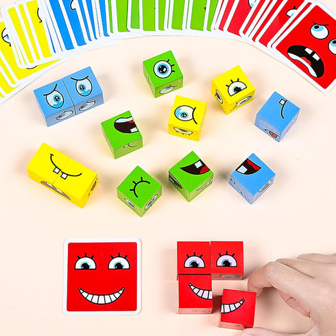 Large Wooden Face Expression Puzzle, Building Cubes for Logical Thinking, Face Changing Magic Cube Puzzles with Bell