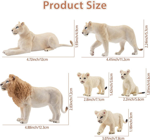 6PCS 2-5" Set Toymany White Lion Figurines with Lion Cubs, Wild Life Jungle Animals Figures Realistic Family Includes