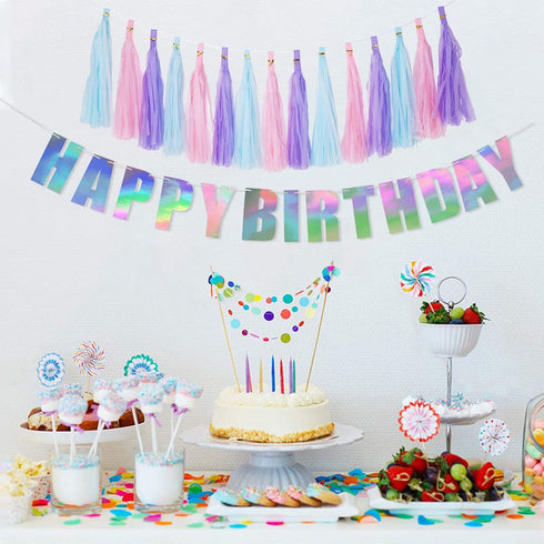 YAKRUNA Silver Holographic Happy Birthday Banner, Iridescent Party Supplies with 15PCS Rainbow Tassel Paper Garlands