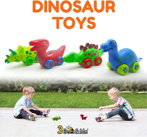 3 Bees and Me Dinosaur Car Toys for Toddlers | Dinosaurs with Wheels 4-in-1 Pack, Fun Party Toy, Play Set for Kids | Birthday Gift for Boys and Girls