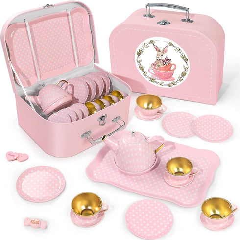 Tea Party Set for Little Girls, Princess Tea Time Toys with Dessert Carrying Case, Kids Kitchen Pretend Playset
