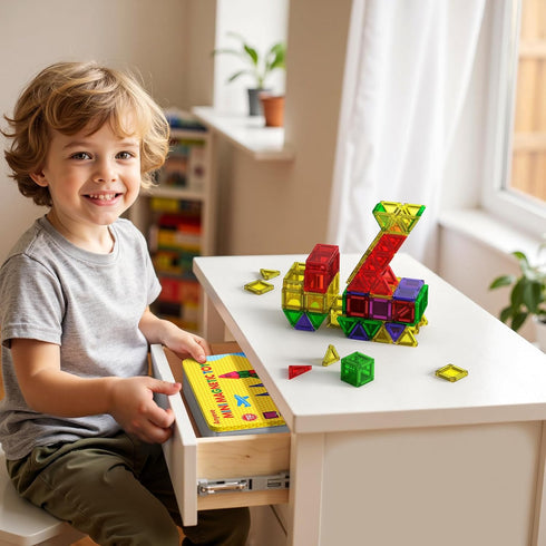 112PCS Set Set 4-8 Mini Magnetic Tiles for Kids, Magnetic Tiles Travel with Iron Box, Portable Construction Toys STEM