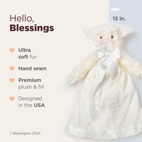 Bearington Collection Lamb Plush Security Blanket - 15 in White Satin Trim for Christening and Baptism