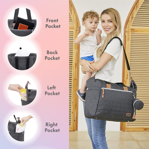 Dikaslon Diaper Bag Tote with Pacifier Case and Changing Pad, Large Travel Diaper Tote for Mom and Dad, Multifunction