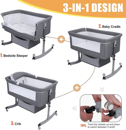 Saterkali 3 1 in Baby Bassinet | Bedside Sleeper with Storage Basket and Wheels | Bedside Crib for Baby | Height