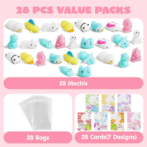 28 Packs 14 JOYIN Valentines Day Gift Cards with Mochi Squishy Toys, Design Kawaii Animal Mochi Squishy Toys, Stress