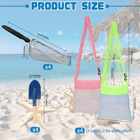 Mototo 12 Pack Beach Toys - 4 Beach Mesh Shovels, 4 Seashell Bags, 4 Small Shark Tooth Sifters for Adults & Kids
