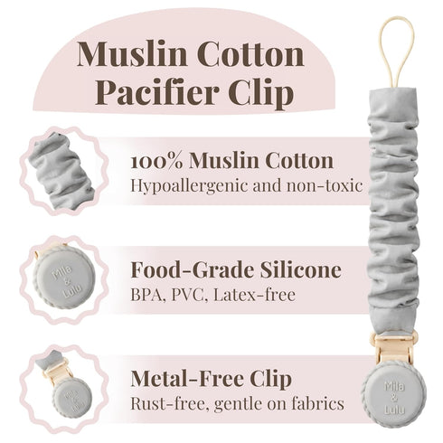 Muslin Cotton Pacifier Clips - Metal-Free, Lightweight and Secure Pacifier Holder for Babies (Cloud Rve) - Mila & Lulu