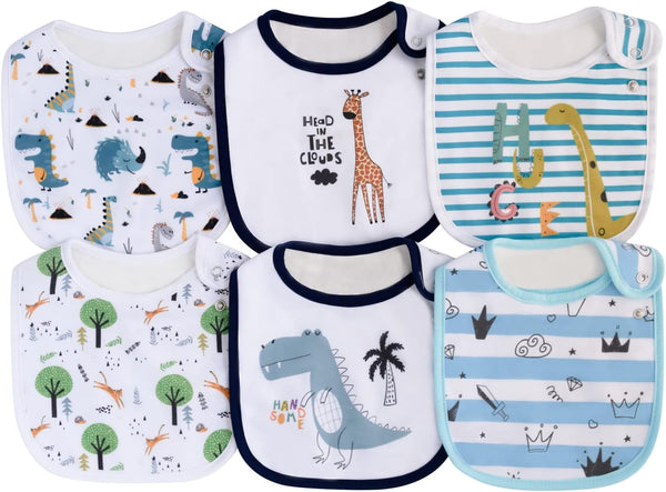 Maiwa 6 Pack Waterproof Cotton Baby Bibs for Girls and Boys for Drooling and Eating with Snaps