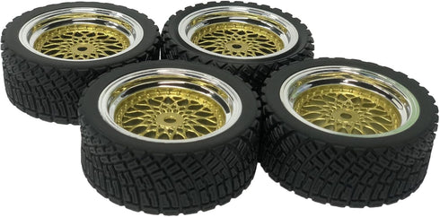 4PCS 65mm RC Rally Car Rubber Tires and Plastic Plating Wheel Rims Set for 1/10 RC On-Road Racing Car (Gold Silver)