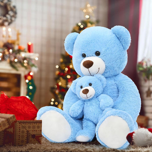MorisMos Giant Teddy Bear 39 Inch, Soft Big Mommy and Baby Bear, Blue, Large Plush for Baby Shower, Valentine, Christmas