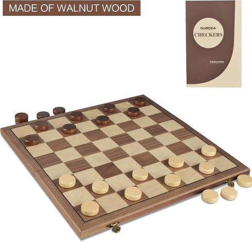 15" Set 8x8 24 OUMODA Walnut Magnetic Checkers Board Game - Folding Wooden Chessboard with Interlocking Pieces, Storage