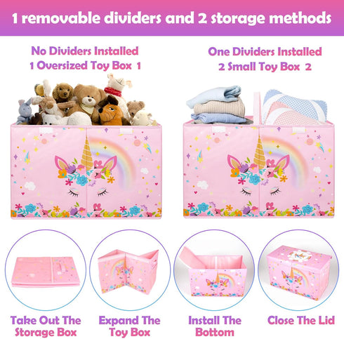 Large Toy Box Chest - Collapsible Sturdy Organizer for Kids, 25"x13"x16" Pink Toy Storage Bins with Lids