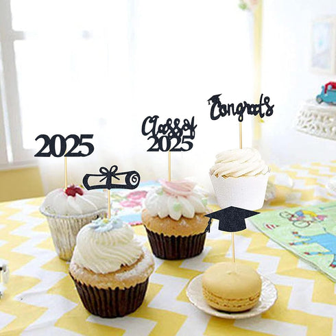 30 PCS Graduation Cupcake Toppers 2025, Grad Cap Cake Toppers, Food Picks for Party Supplies & Favors, 5 Styles