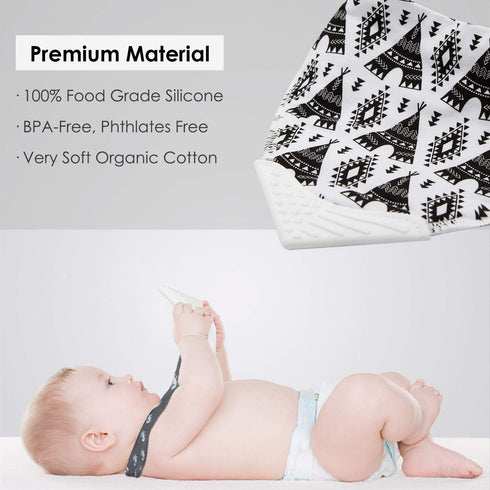 Giftty Baby Bandana Bibs with Teething Corner, BPA-Free Silicone Teether and Adjustable Snap for Baby Boys, (Black