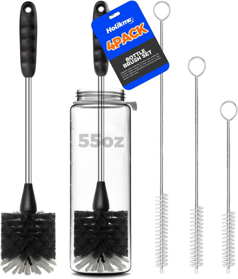 Holikme Bottle Brush Cleaner Set, 14" Long Handle Stainless Steel Brush & 3 Straw Cleaners for Bottles