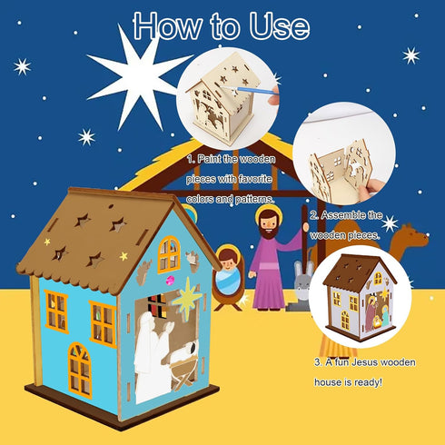 14 Pack 3D Fennoral Christmas Nativity Craft for Kids Make You Own Jesus House DIY Coloring Wooden Religious Christian