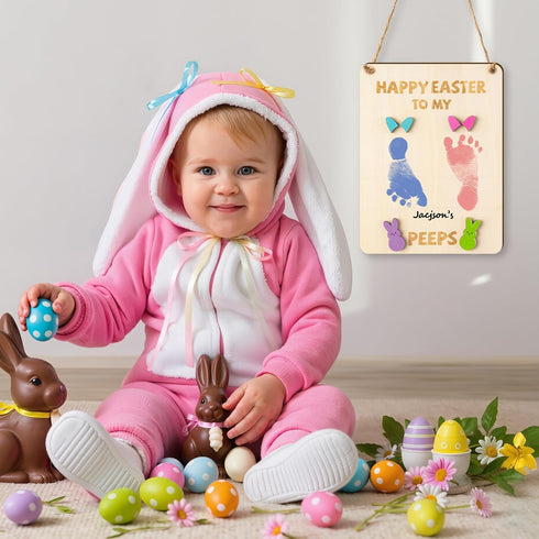 FVhujuan 3D Baby's First Easter DIY Footprint and Handprint Haning Sign, Happy Easter Bunny Wooden Footprint Art Sign