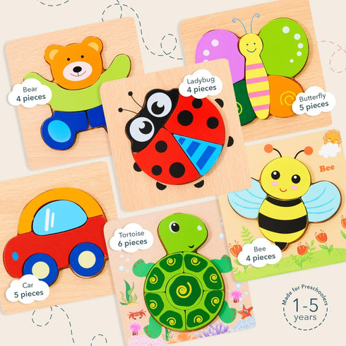 Magifire Wooden Puzzles for Toddlers 1-3, Set of 6 Montessori Toys, Safe for Kids with Storage Bag and Giftable Box