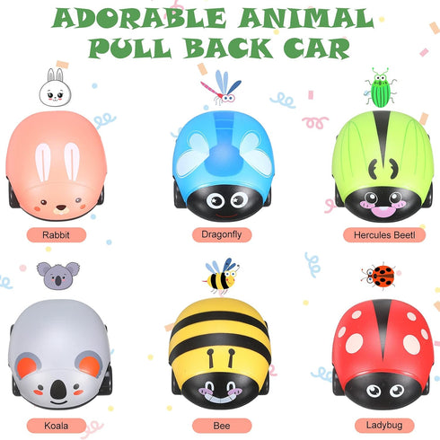 6 Pieces Animals Pull Back Cars - Friction Powered Vehicle Playset Toys for Kids (Vivid Style)