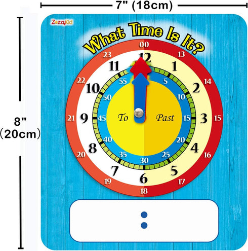 Time Learning Analog Clock for Kids - Pack of 5 (7 x 8 Inches) with 5 Erasable Markers