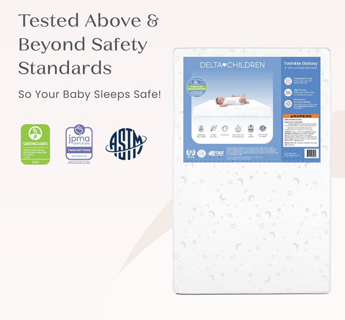 4-inch 5 Delta Children Twinkle Galaxy Limited Mini Crib Mattress - Premium Sustainably Sourced Fiber Core - Waterproof