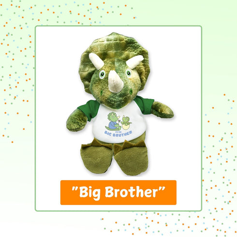 Flutter Hut I'm The Big Brother T-Shirt, Green Triceratops Plush Dinosaur Message, 8 Inches