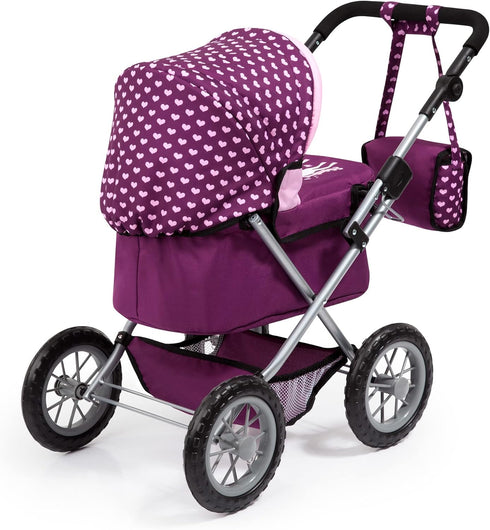 18 inch Bayer Trendy Doll Pram & Stroller, Burgundy Pink, Dolls, Adjustable Handle, Pretend Play with Accessories