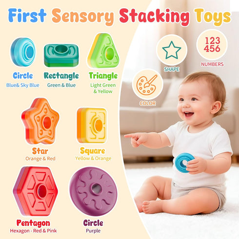 1-3, Baby Spinning Stacking Toys for Toddlers Sensory Montessori Toys for One Year Old Girl Boy, Rainbow Ring Stacker