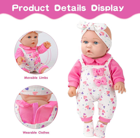 XFEYUE 12" Set,12 Inch 3+ Baby Doll with Pink Bowknot Clothing Realistic Baby Dolls with Clothes