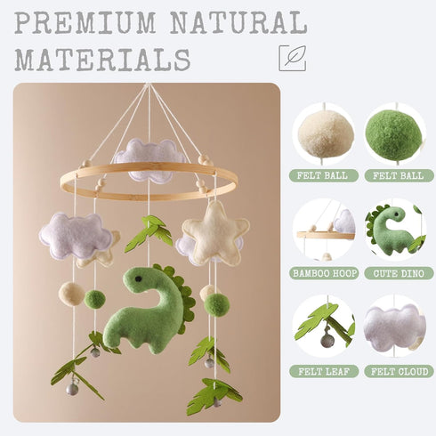 Moyii Baby Crib Mobile for Nursery - Handmade Felt Dinosaur Hanging Mobile - Green Dino Ceiling Decor for Boys Girls