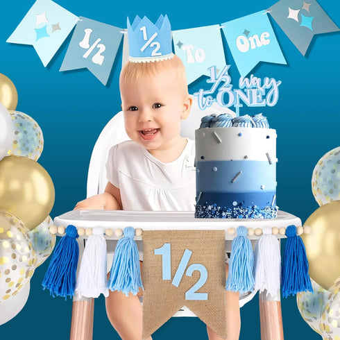 Vnysh 1/2 4PCS 6 Set 1/2 6 Birthday Boy Half Birthday Decorations Blue Month Party with Way to One Banner, Halfway High