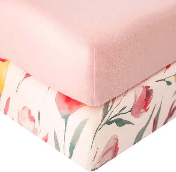 SDIII 2 Pack Pink Floral Crib Sheets for Baby Girl 5228 Stretchy