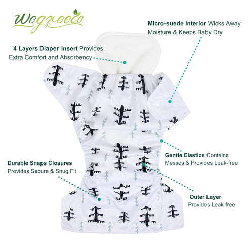 6 Pack 6 1 wegreeco Cloth Diapers with Inserts & Wet Bag, Washable Cloth Diapers for Babies, One Size Adjustable