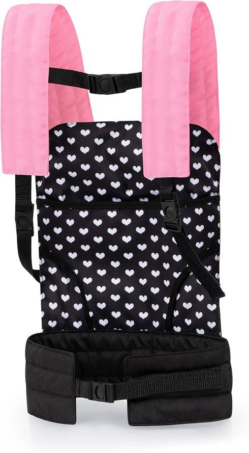 Bayer Design Dolls Carrier, Black and Pink Hearts, Adjustable for Dolls Up to 18", Kids Toy, Ages 3+