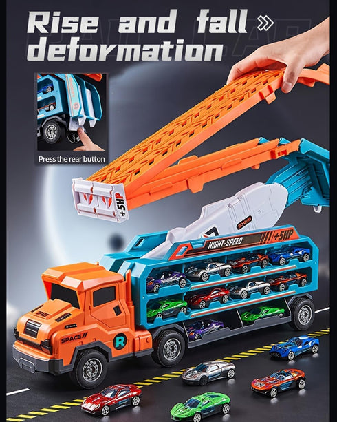 2-Layer Playset 25" 6 3-8 Carrier Truck Transport Toy, Foldable Car Race Track with Track & Metal Cars, Birthday Gift