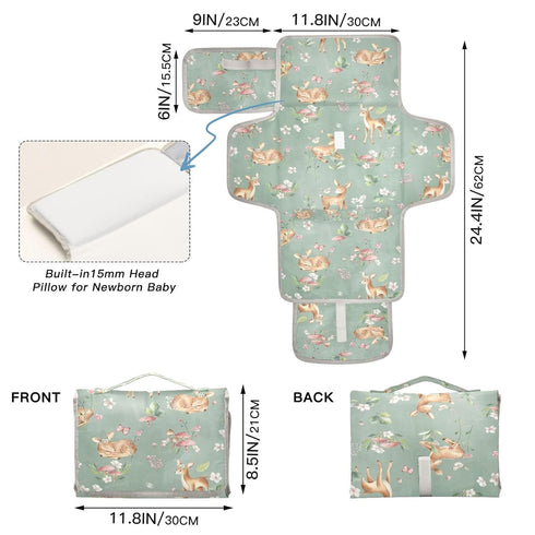 CHUROUSY Deer Portable Diaper Changing Pad with Wipes Holder, Woodland Fawn Foldable Baby Diaper Changer Travel Bag
