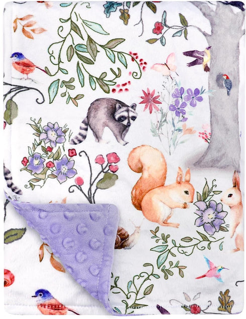 Purple Fleece Baby Blanket for Boys & Girls, Soft Portable Toddler Minky with Woodland Animal Print, 40 x 30 Inch