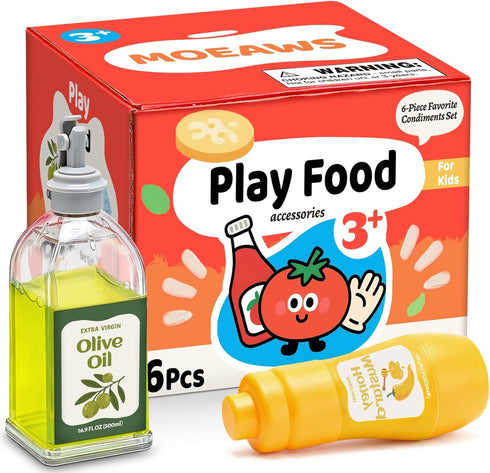 MOEAWS 6 Set Pcs Condiment Toys with Storage Rack and Gift Box, Play Food for Kids Kitchen, Pretend Food Play Kitchen