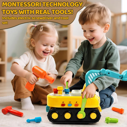 2 Set, 2 3 Toys for Year Old Boys, Toddler Tool Excavator Take Apart Toys with Electric Drill, Screwdriver, Wrench