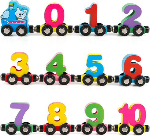 12 Set 1 Set Wondertoys PCS Wooden Number Train Toy Includes Engine Cars for Toddlers Boys and Girls, Compatible