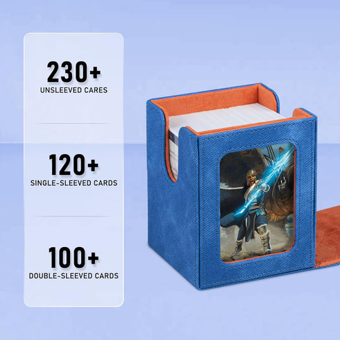 MTG Deck Box with Commander Display for 120+ Single Sleeved Cards, Denim Magnetic Card Storage Box Fits for TCG CCG Magic Cards (Blue&Orange)