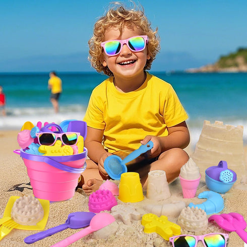 Fegalop 31PCS Set Set Beach Toys for Girls Kids, Collapsible Sand Bucket and Shovels with Watering Can, Ice Cream Cake
