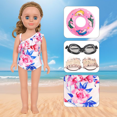 Doll Swimsuit Set for 18-Inch Doll, 7 Pcs Swimming Accessories, Bathing Suit, Goggles, Flip-Flops, Swim Ring