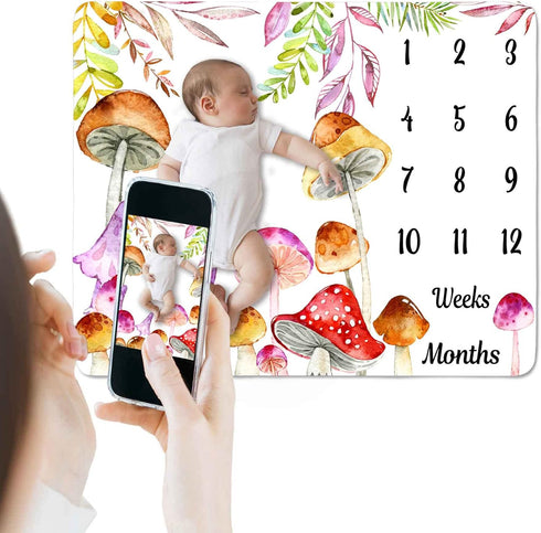 Mushroom Theme Baby Monthly Milestone Blanket, 48x40in Soft Flannel, Newborn Mom Gifts, Age Growth Tracker