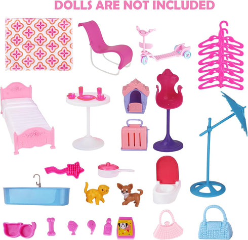 11.5-inch 2-Story 37 Doll House for Dolls, Foldable Dollhouse with pcs Furnitures & Accessories, Playhouse with Pet