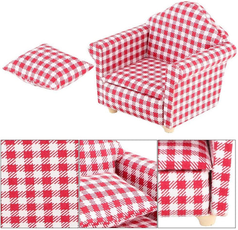 Doll House Sofa Arm Chair, 1:12 Scale Wooden Miniature Furniture Decor Couch with Pillow, Kids Play Toy