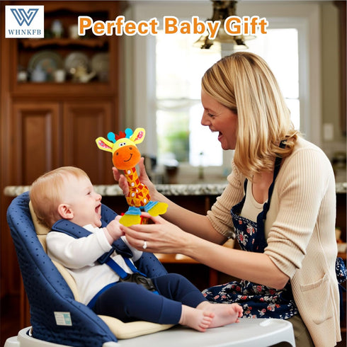 WHNKFB 0-12 Baby Teether Rattle Toy - Soft Giraffe Plush with Crinkle Squeaky Sound, Sensory Shaker for Newborns